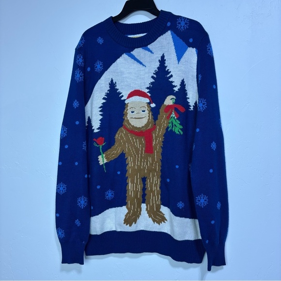 TipsyElves Ugly Christmas Holiday Sweater Adult XL Sasquatch Bigfoot Rose Blue - Picture 1 of 8